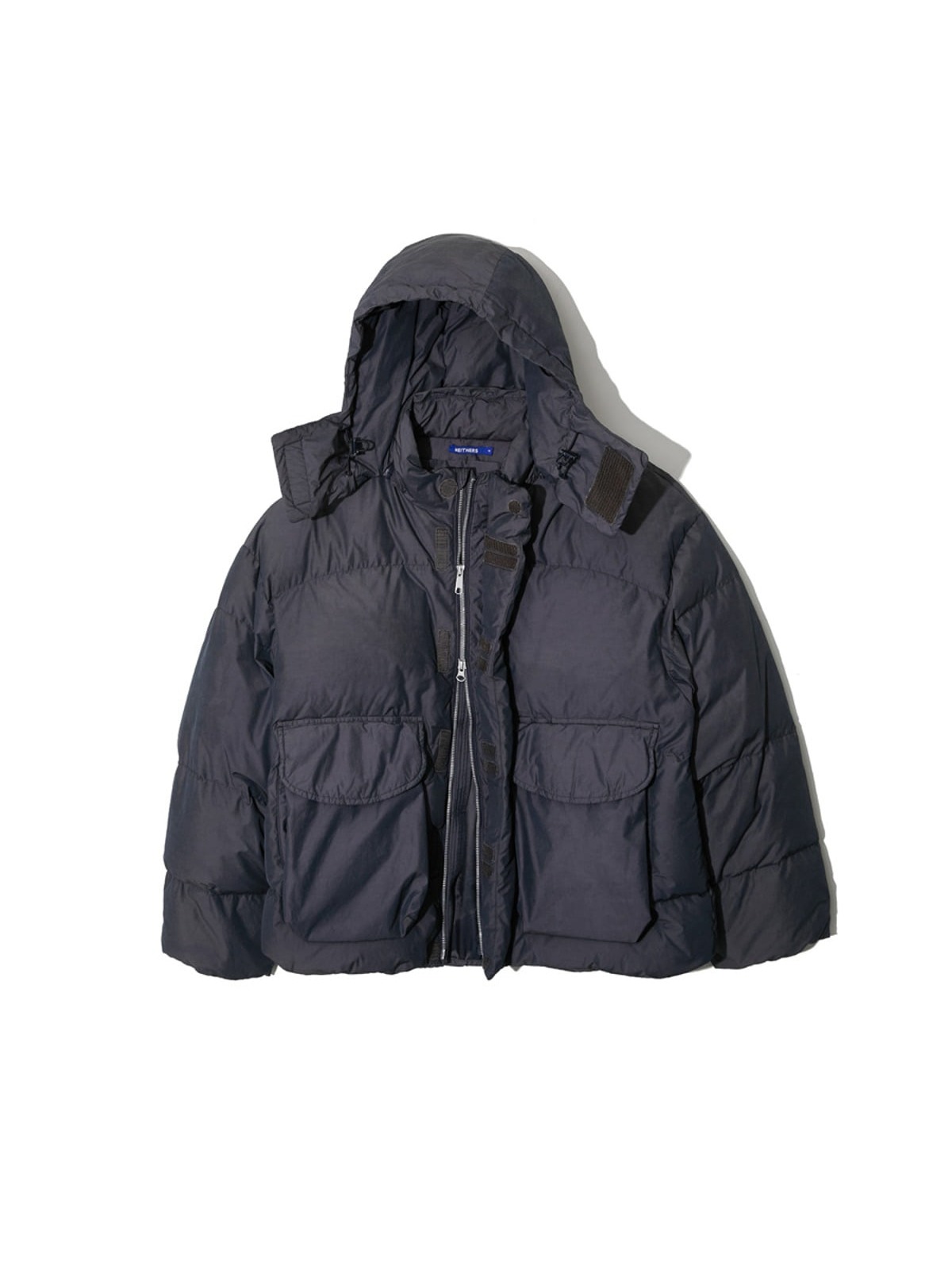 Discolored Goose Down Detachable Hooded Jacket (Navy)